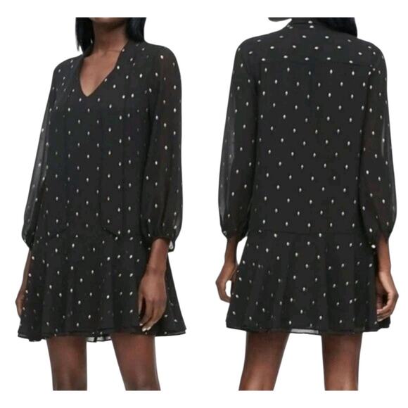 Banana Republic Black w Gold Metallic Sheer Sleeve Mini Dress w Neck Tie SZ 8 - Picture 1 of 11
